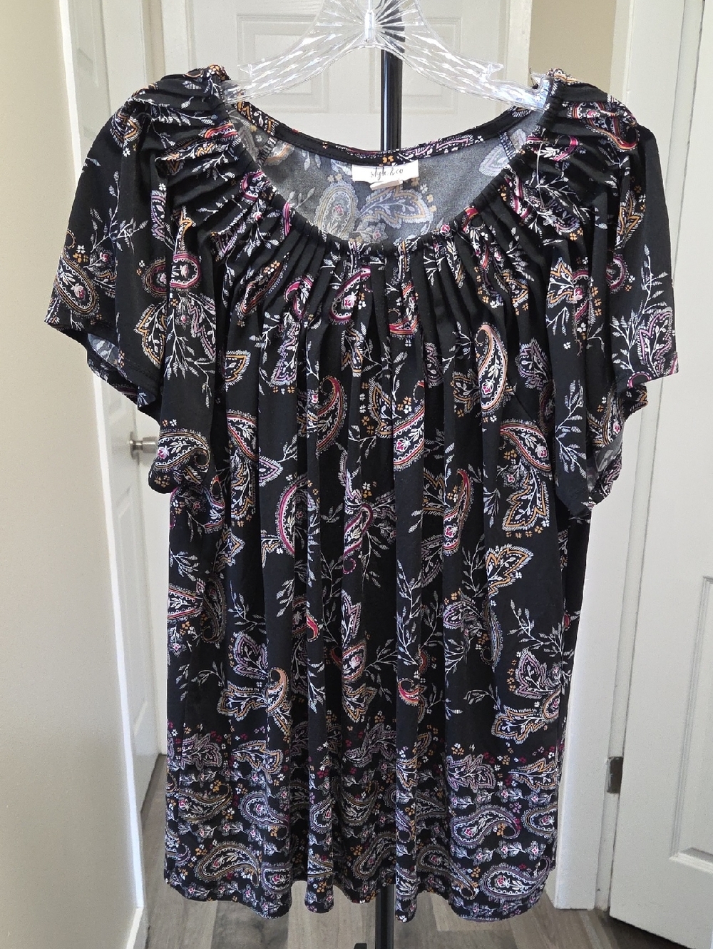 Style & Co Black Paisley Boho Top Stretch Jersey
